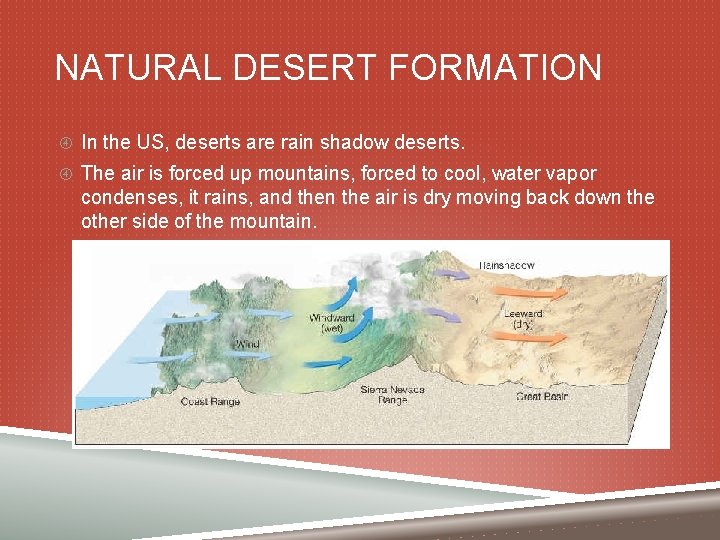 NATURAL DESERT FORMATION In the US, deserts are rain shadow deserts. The air is
