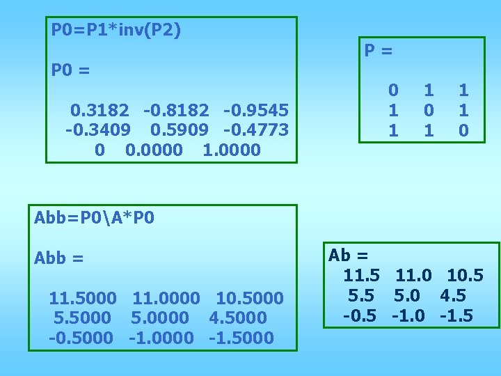 P 0=P 1*inv(P 2) P 0 = 0. 3182 -0. 8182 -0. 9545 -0.