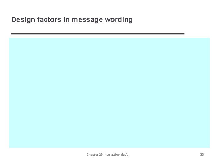 Design factors in message wording Chapter 29 Interaction design 33 