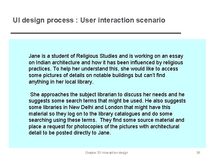 UI design process : User interaction scenario Jane is a student of Religious Studies