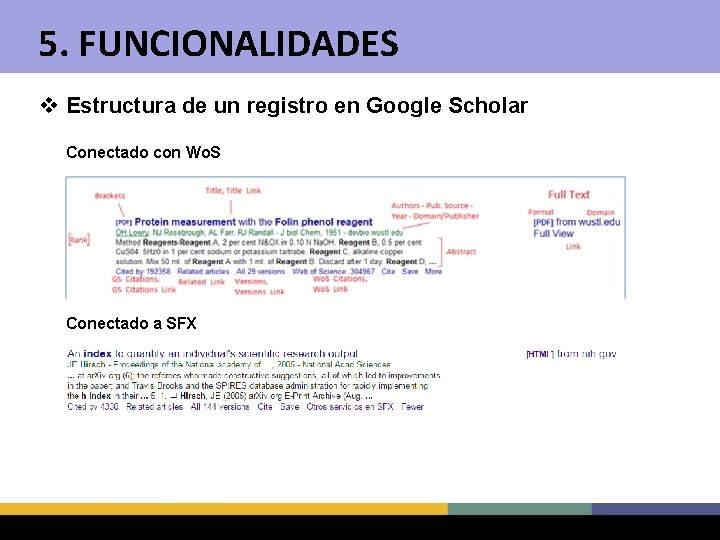 5. FUNCIONALIDADES v Estructura de un registro en Google Scholar Conectado con Wo. S
