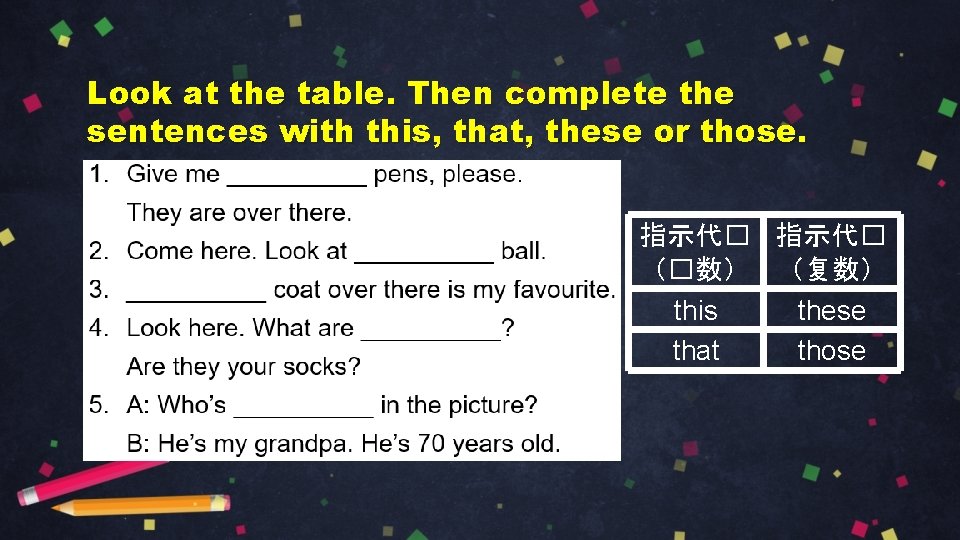 Look at the table. Then complete the sentences with this, that, these or those.