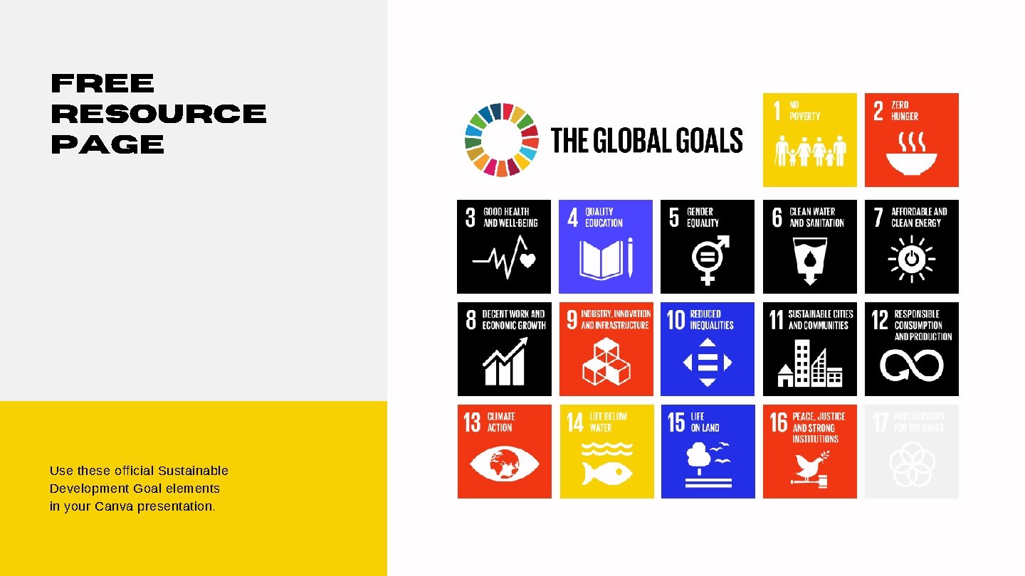 Free Resource Page Use these official Sustainable Development Goal elements in your Canva presentation.