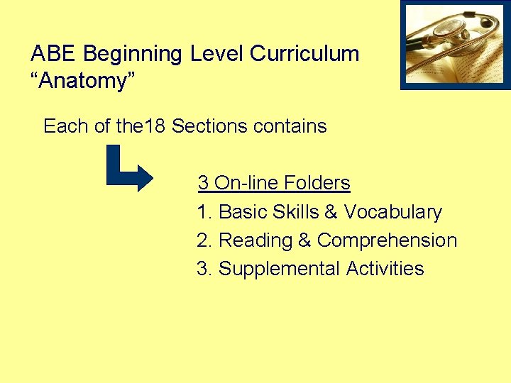 ABE Beginning Level Curriculum “Anatomy” Each of the 18 Sections contains 3 On-line Folders