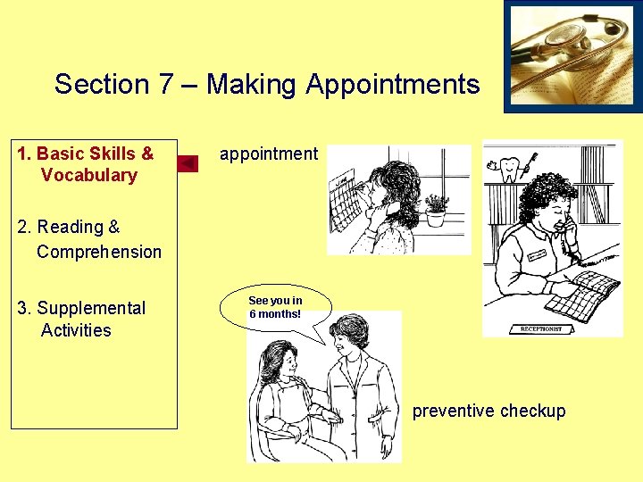 Section 7 – Making Appointments 1. Basic Skills & Vocabulary appointment 2. Reading &