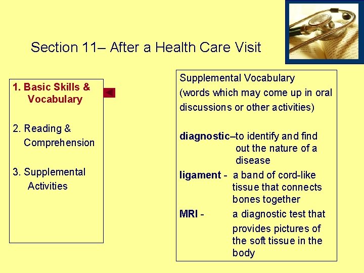 Section 11– After a Health Care Visit 1. Basic Skills & Vocabulary 2. Reading