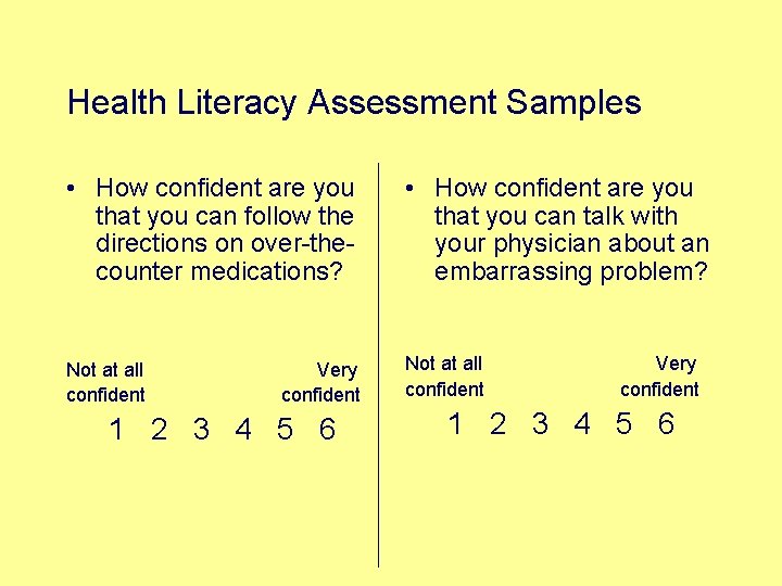 Health Literacy Assessment Samples • How confident are you that you can follow the