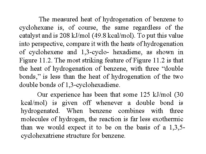 The measured heat of hydrogenation of benzene to cyclohexane is, of course, the same