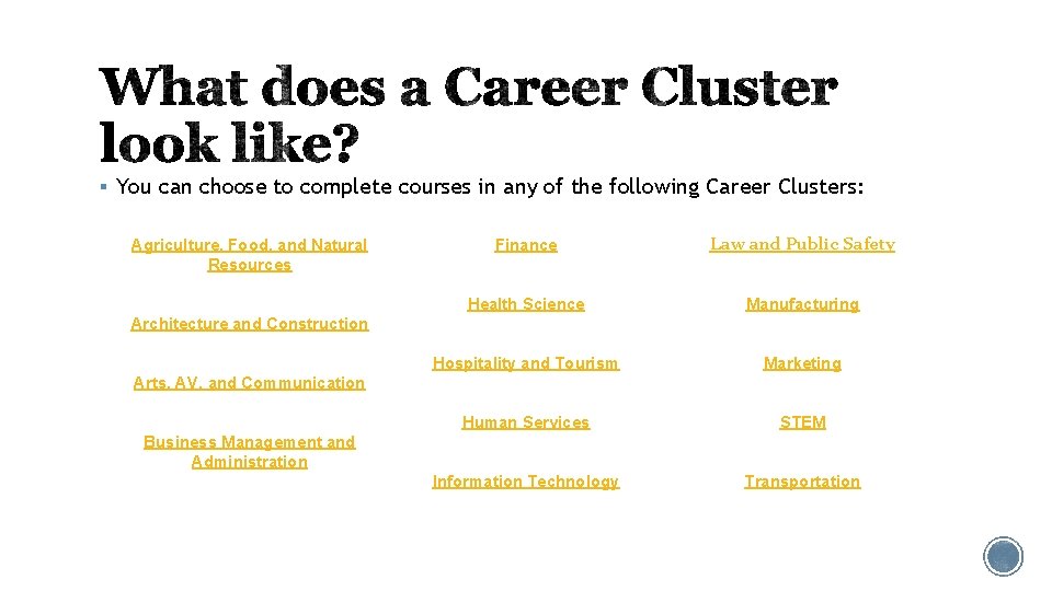 § You can choose to complete courses in any of the following Career Clusters: