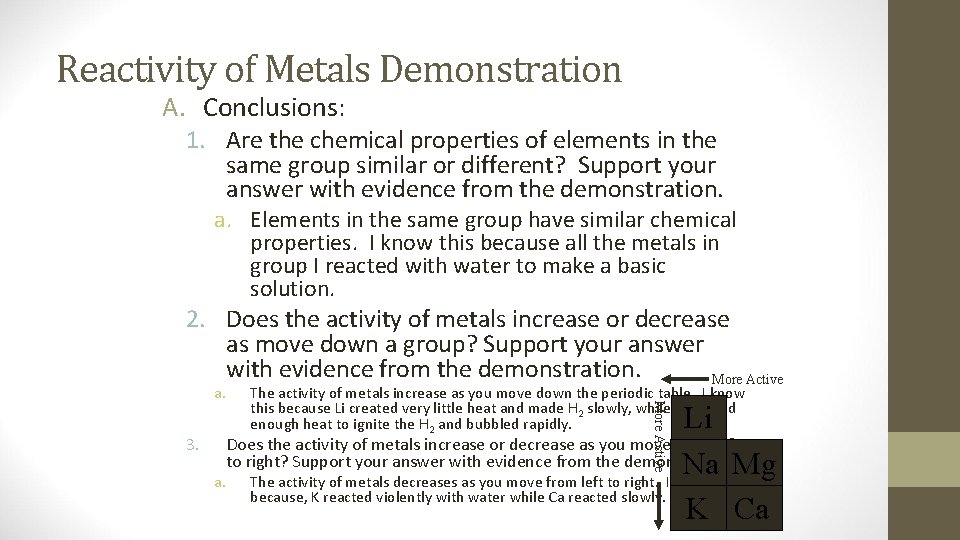 Reactivity of Metals Demonstration A. Conclusions: 1. Are the chemical properties of elements in
