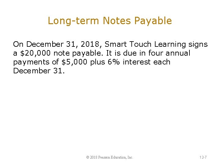 Long-term Notes Payable On December 31, 2018, Smart Touch Learning signs a $20, 000