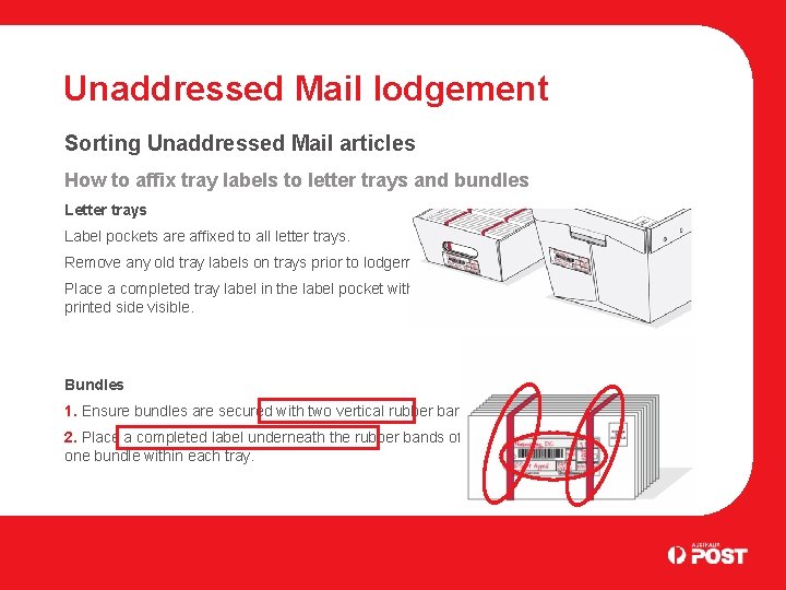 Unaddressed Mail lodgement Sorting Unaddressed Mail articles How to affix tray labels to letter