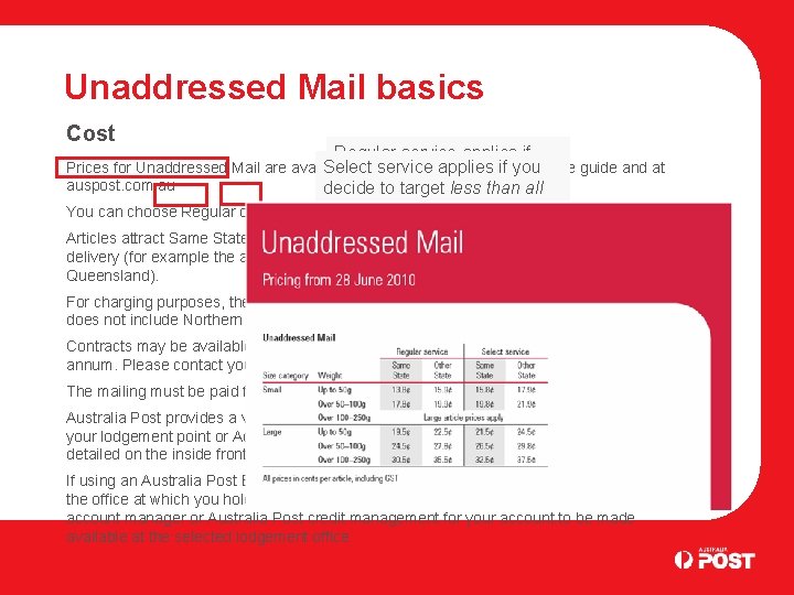 Unaddressed Mail basics Cost Regular service applies if Prices for Unaddressed Mail are available