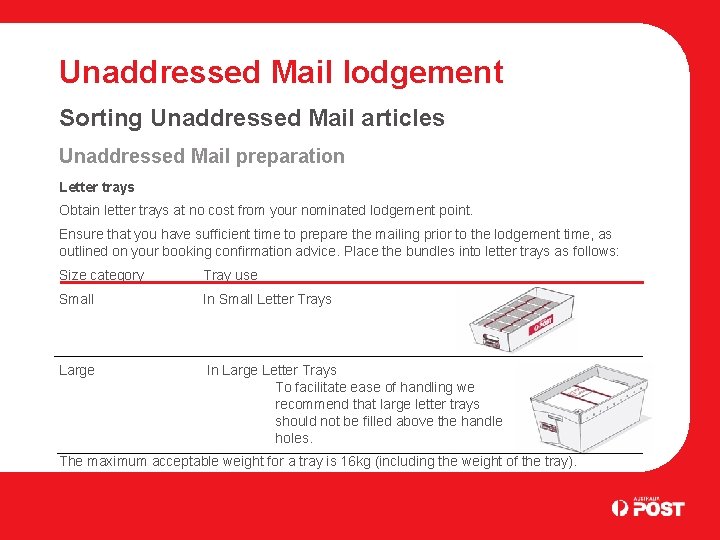 Unaddressed Mail lodgement Sorting Unaddressed Mail articles Unaddressed Mail preparation Letter trays Obtain letter