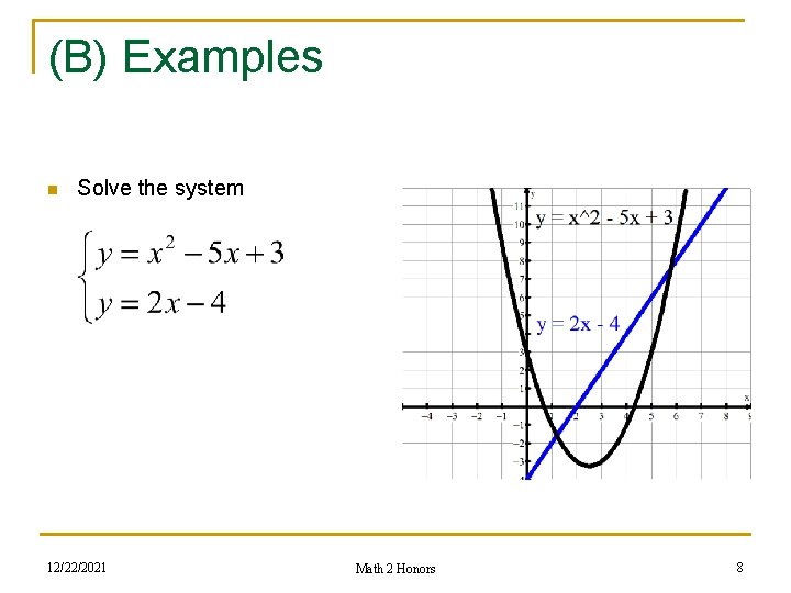 (B) Examples n Solve the system 12/22/2021 Math 2 Honors 8 