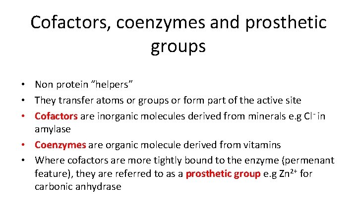 Cofactors, coenzymes and prosthetic groups • Non protein “helpers” • They transfer atoms or