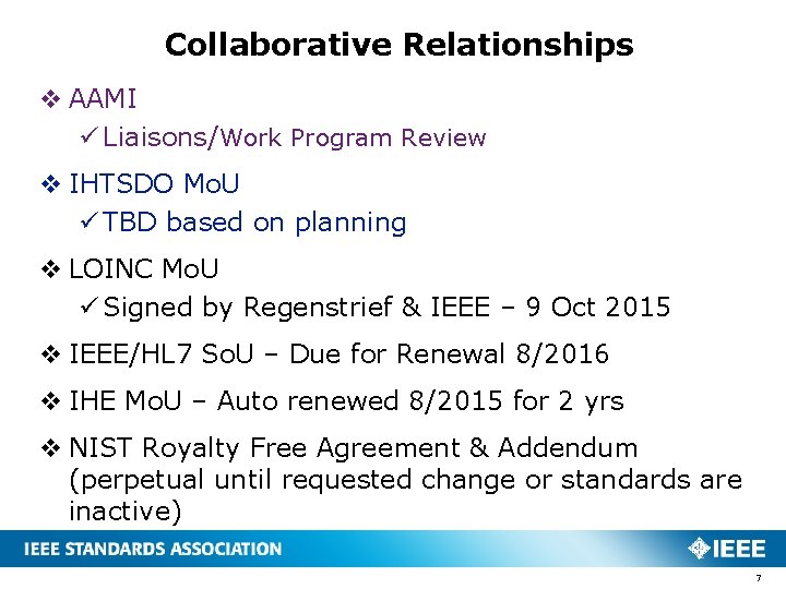 Collaborative Relationships v AAMI ü Liaisons/Work Program Review v IHTSDO Mo. U ü TBD