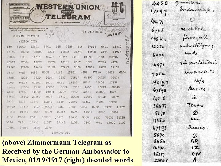 (above) Zimmermann Telegram as Received by the German Ambassador to Mexico, 01/19/1917 (right) decoded