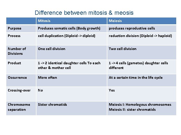 Difference between mitosis & meosis Mitosis Meiosis Purpose Produces somatic cells (Body growth) produces