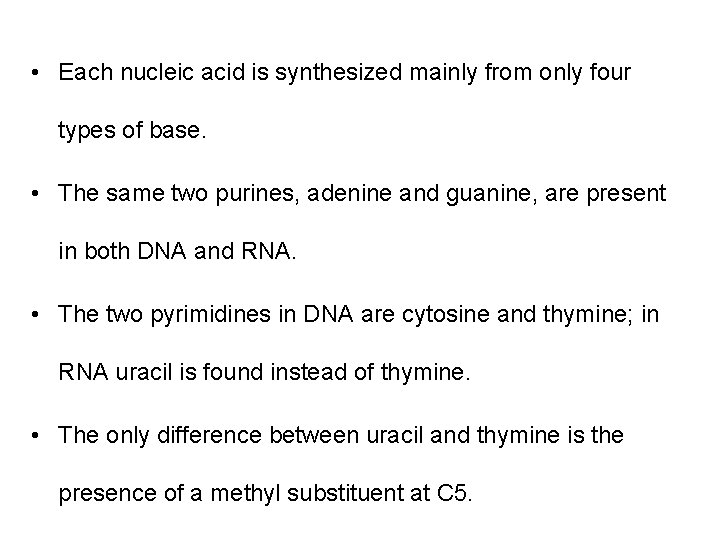  • Each nucleic acid is synthesized mainly from only four types of base.