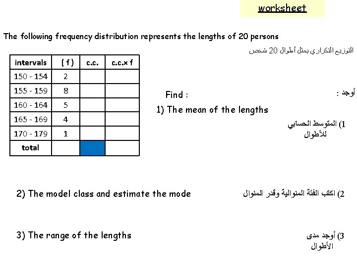 worksheet The following frequency distribution represents the lengths of 20 persons ﺷﺨﺺ 20 ﺍﻟﺘﻮﺯﻳﻊ