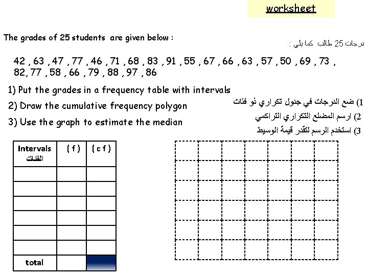 worksheet The grades of 25 students are given below : : ﻃﺎﻟﺐ ﻛﻤﺎ ﻳﻠﻲ