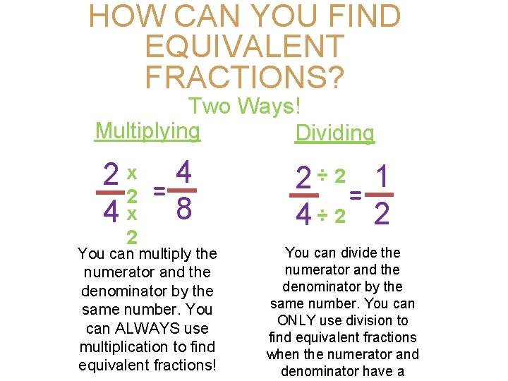 HOW CAN YOU FIND EQUIVALENT FRACTIONS? Two Ways! Multiplying Dividing 2 x =4 2