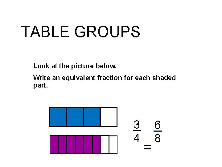 TABLE GROUPS Look at the picture below. Write an equivalent fraction for each shaded