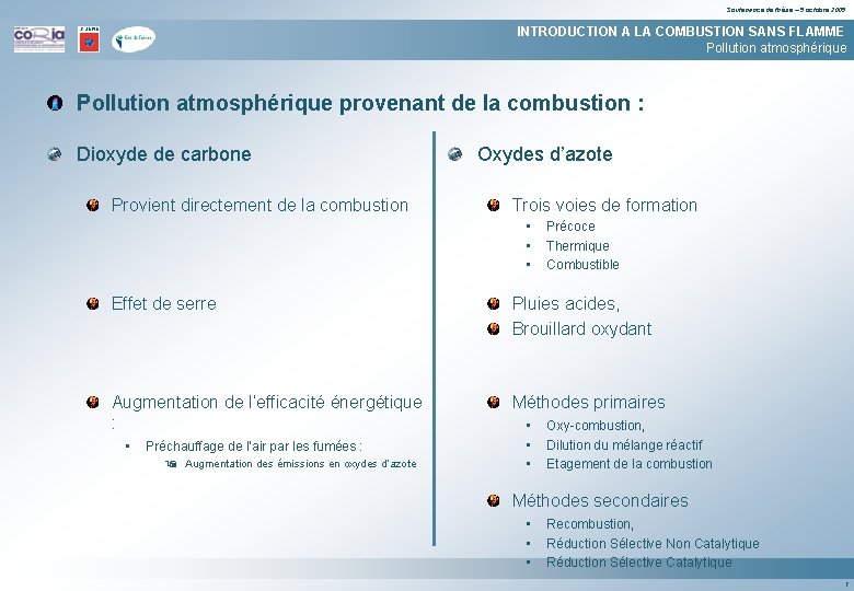 Soutenance de thèse – 5 octobre 2005 INTRODUCTION A LA COMBUSTION SANS FLAMME Pollution
