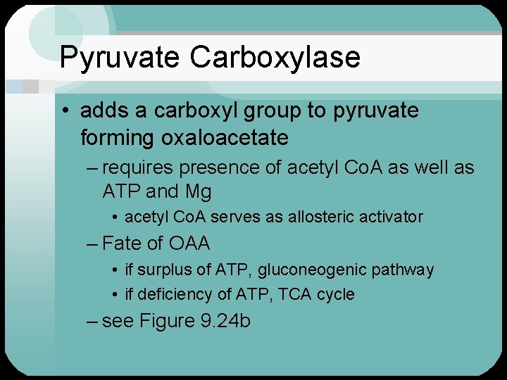 Pyruvate Carboxylase • adds a carboxyl group to pyruvate forming oxaloacetate – requires presence