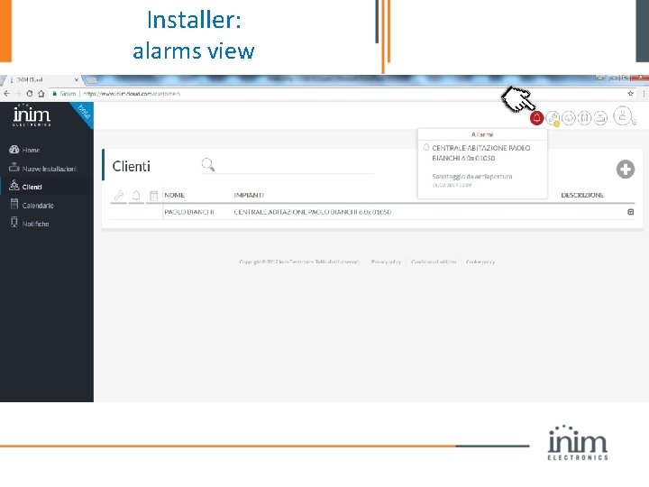 Installer: alarms view 