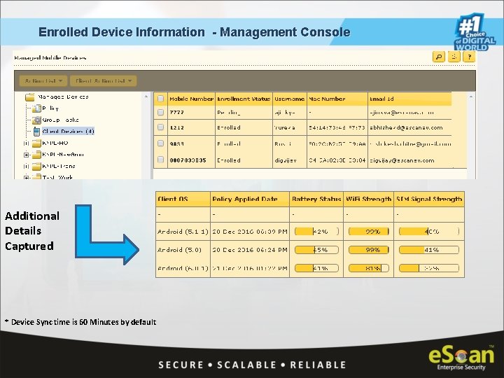 Enrolled Device Information - Management Console Additional Details Captured * Device Sync time is