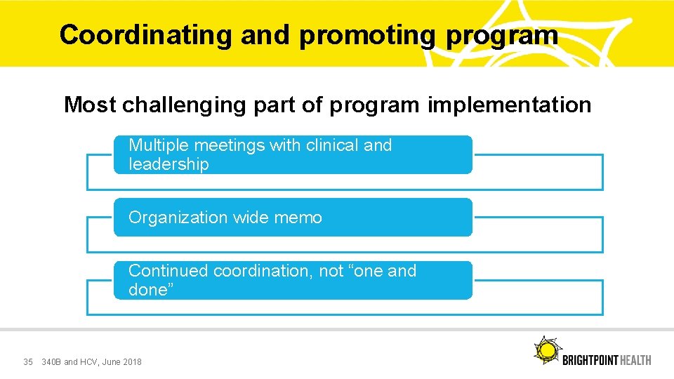 Coordinating and promoting program Most challenging part of program implementation Multiple meetings with clinical