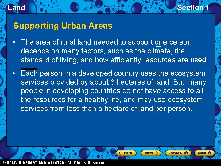 Land Section 1 Supporting Urban Areas • The area of rural land needed to