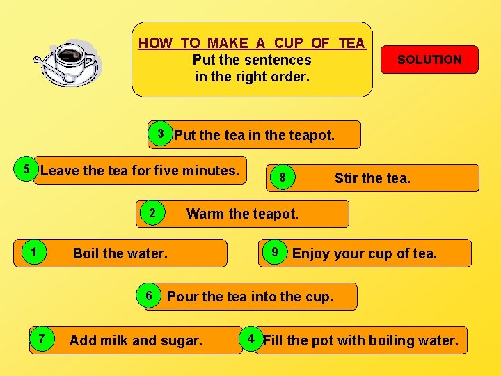 HOW TO MAKE A CUP OF TEA Put the sentences in the right order.