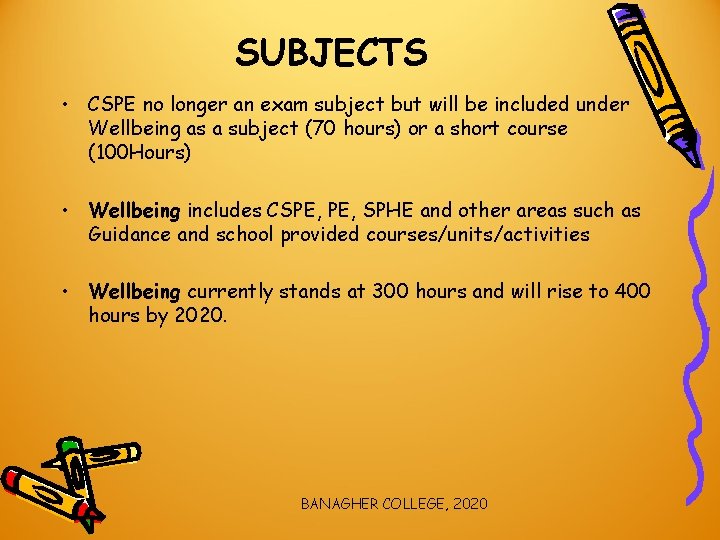 SUBJECTS • CSPE no longer an exam subject but will be included under Wellbeing