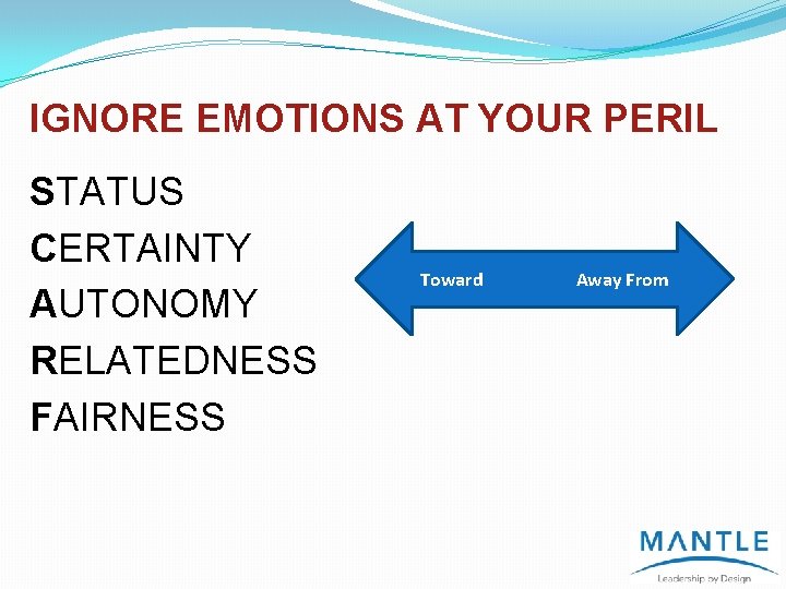 IGNORE EMOTIONS AT YOUR PERIL STATUS CERTAINTY AUTONOMY RELATEDNESS FAIRNESS Toward Away From 