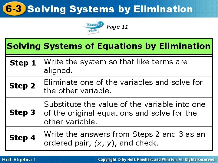 6 -3 Solving Systems by Elimination Page 11 Solving Systems of Equations by Elimination