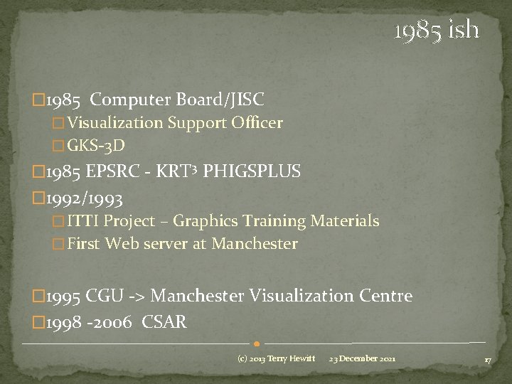 1985 ish � 1985 Computer Board/JISC � Visualization Support Officer � GKS-3 D �
