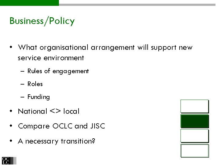 Business/Policy • What organisational arrangement will support new service environment – Rules of engagement