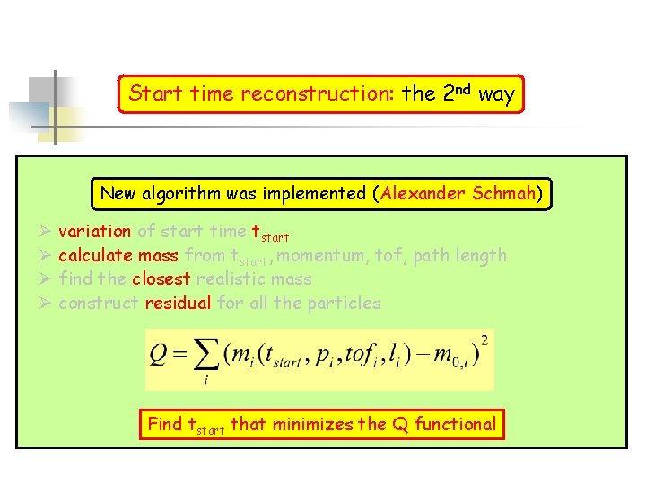 Start time reconstruction: the 2 nd way New algorithm was implemented (Alexander Schmah) Ø Start time reconstruction: the 2 nd way New algorithm was implemented (Alexander Schmah) Ø