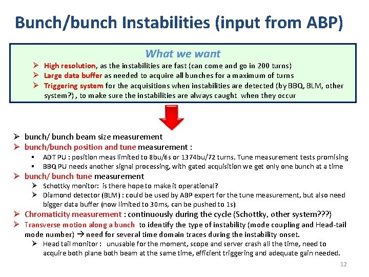 Bunch/bunch Instabilities (input from ABP) What we want Ø High resolution, as the instabilities