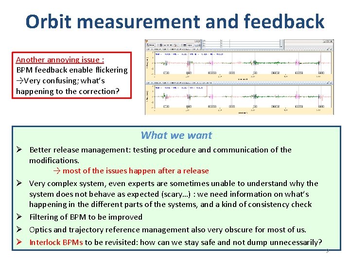 Orbit measurement and feedback Another annoying issue : BPM feedback enable flickering →Very confusing;