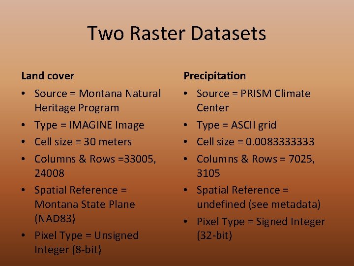 Two Raster Datasets Land cover Precipitation • Source = Montana Natural Heritage Program •