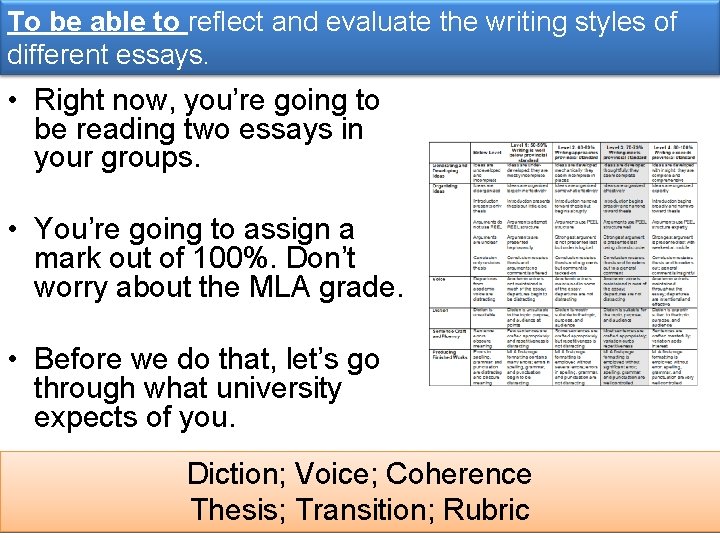 To be able to reflect and evaluate the writing styles of different essays. •