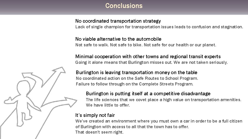 Conclusions No coordinated transportation strategy Lack of single champion for transportation issues leads to