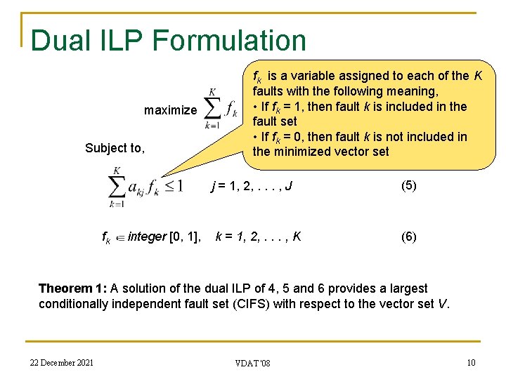 Dual ILP Formulation maximize Subject to, fk integer [0, 1], fk is a variable