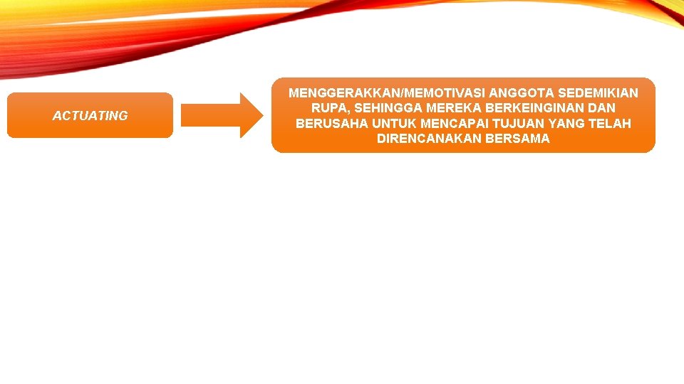 ACTUATING MENGGERAKKAN/MEMOTIVASI ANGGOTA SEDEMIKIAN RUPA, SEHINGGA MEREKA BERKEINGINAN DAN BERUSAHA UNTUK MENCAPAI TUJUAN YANG