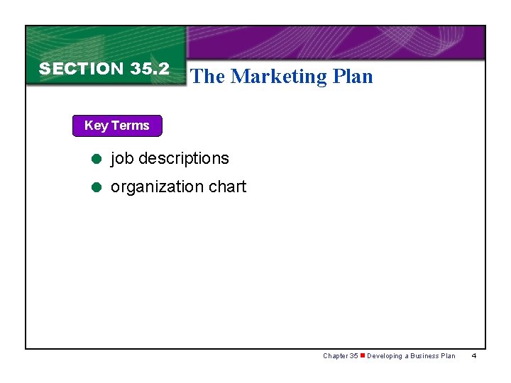 SECTION 35. 2 The Marketing Plan Key Terms = job descriptions = organization chart