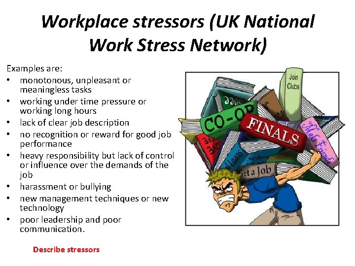 Workplace stressors (UK National Work Stress Network) Examples are: • monotonous, unpleasant or meaningless